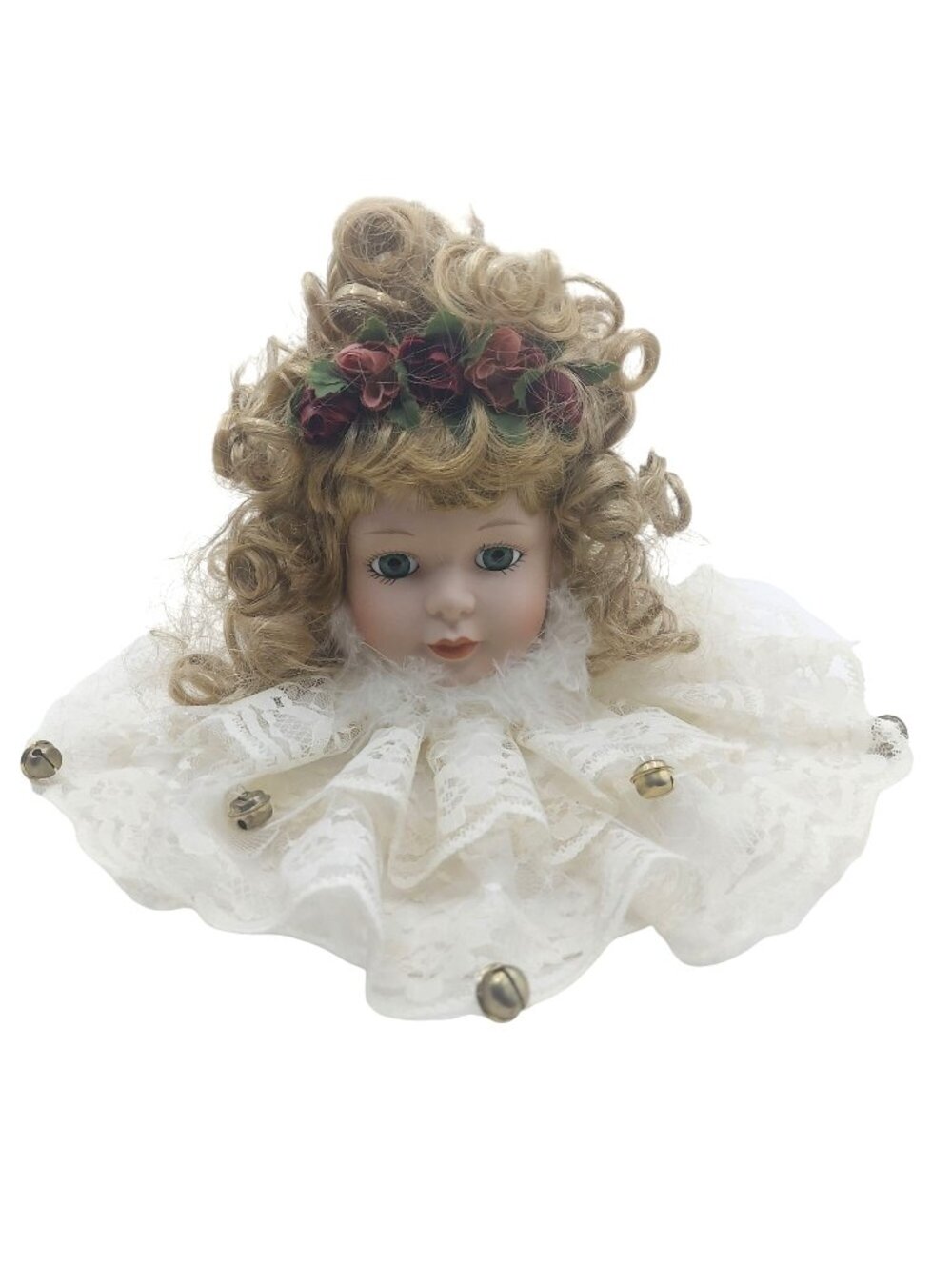 Porcelain Victorian Doll Head Ornament Ruffled Lace Collar & Brass Bells Vintage